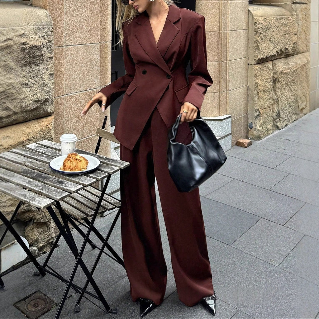 Conjunto Feminino de Duas Peças com Blazer e Calças de Perna Larga