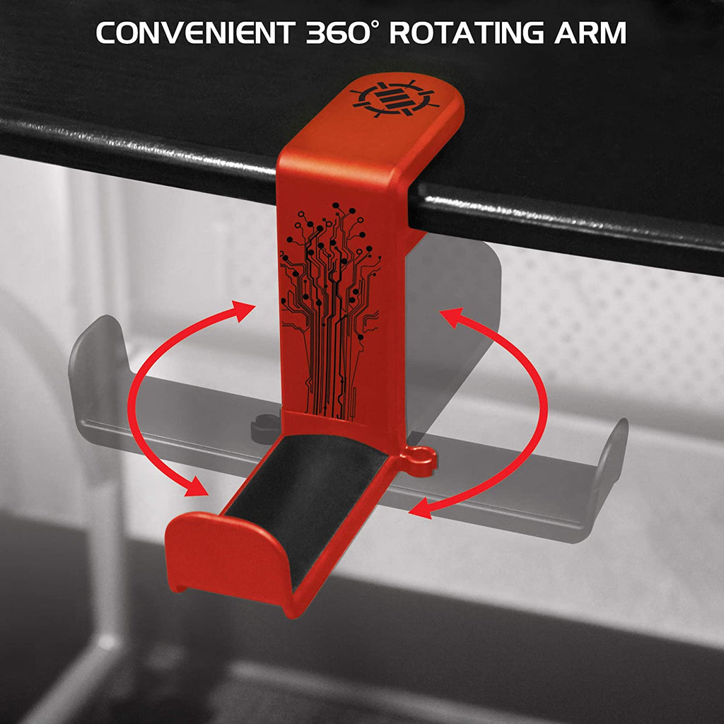 PC Gaming Headphone Holder - Desk Headphone Hanger Esports Headset Holder with Adjustable 360 Rotation, under Desk Hook Clamp, Universal Fit - Built in Cable Clip Organizer - Red