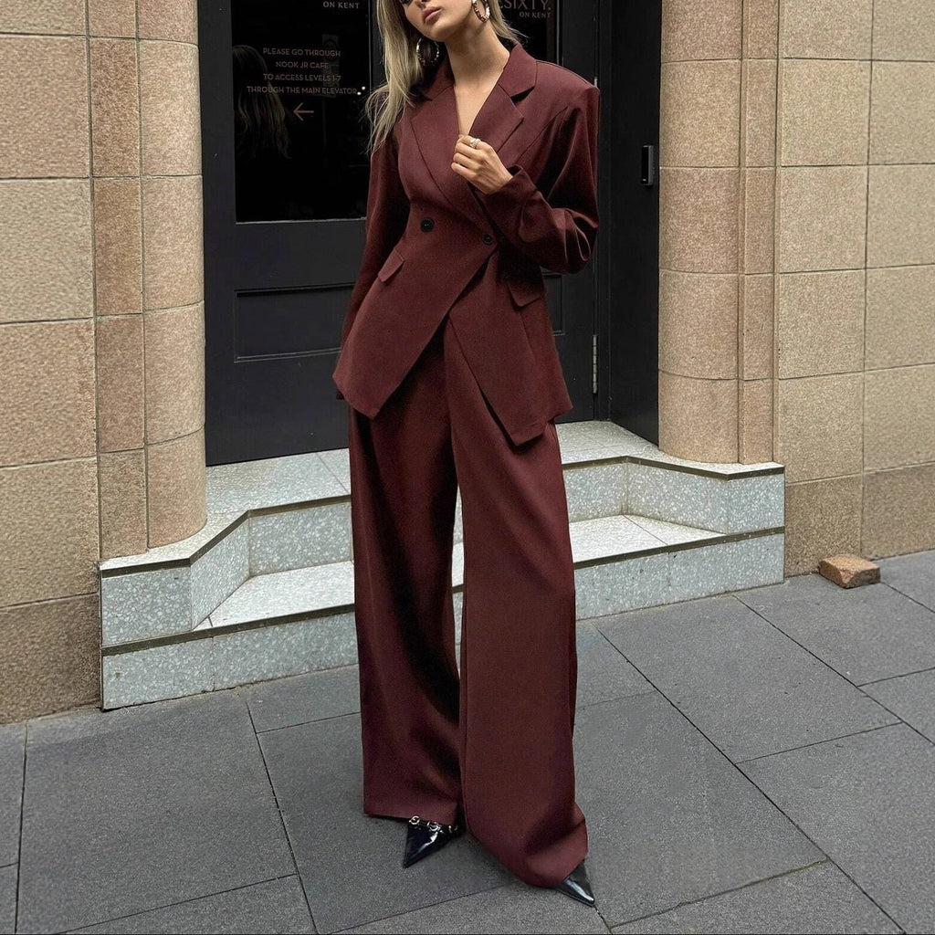 Conjunto Feminino de Duas Peças com Blazer e Calças de Perna Larga