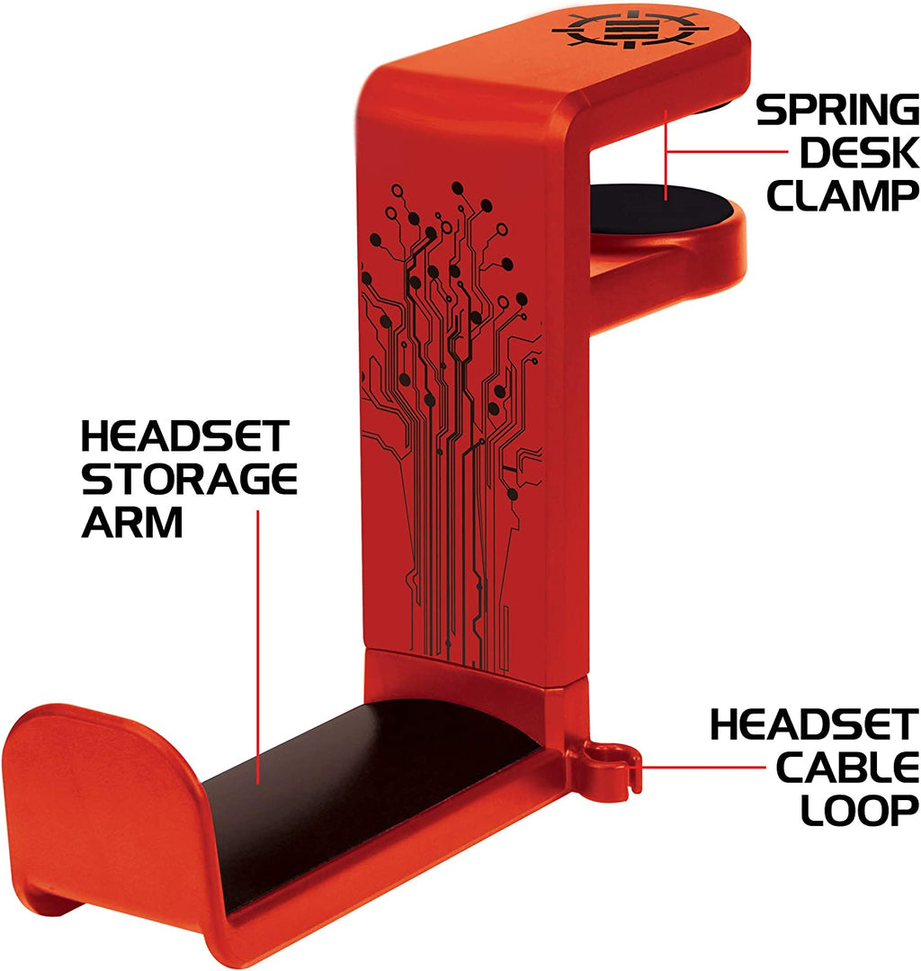 PC Gaming Headphone Holder - Desk Headphone Hanger Esports Headset Holder with Adjustable 360 Rotation, under Desk Hook Clamp, Universal Fit - Built in Cable Clip Organizer - Red