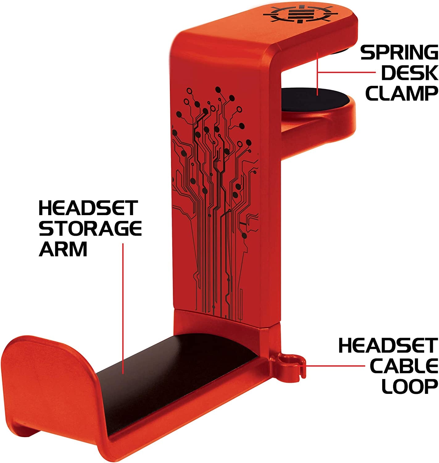 PC Gaming Headphone Holder - Desk Headphone Hanger Esports Headset Holder with Adjustable 360 Rotation, under Desk Hook Clamp, Universal Fit - Built in Cable Clip Organizer - Red