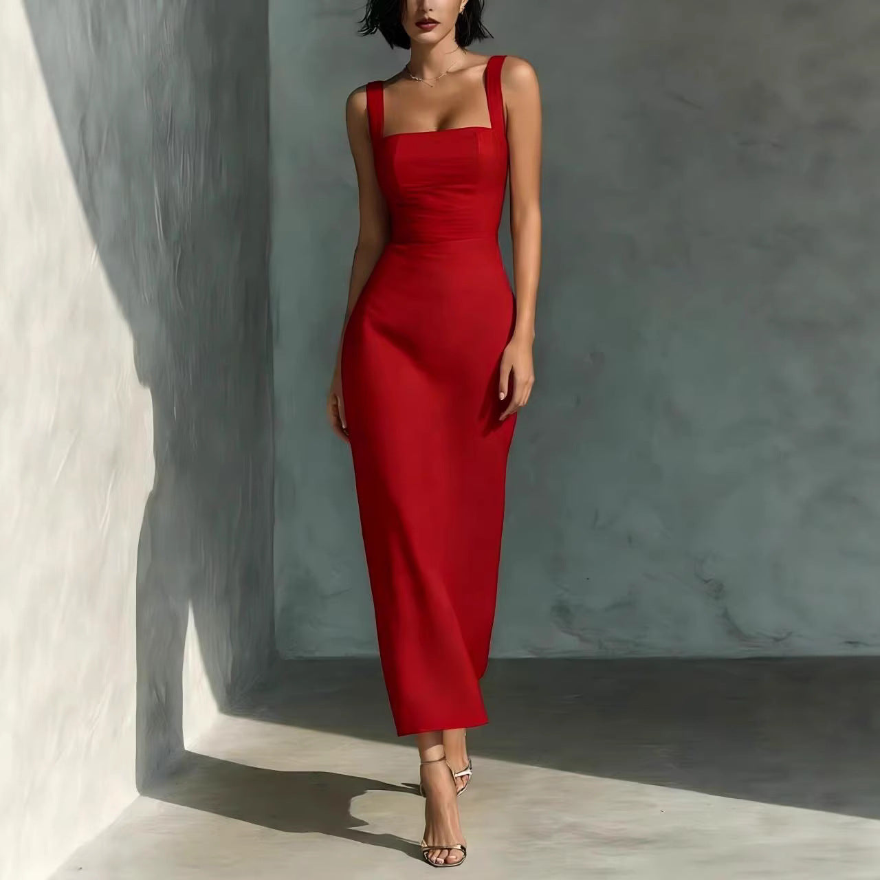 Vestido de Alças com Decote Quadrado