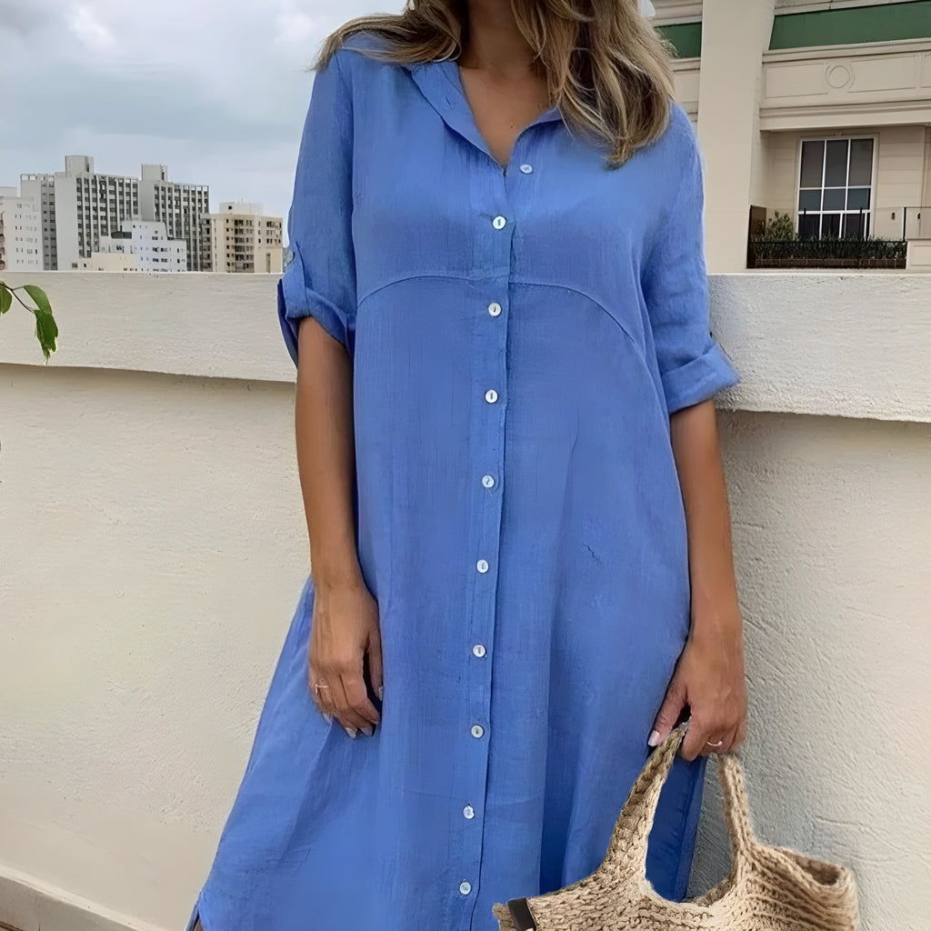 Vestido Camiseiro  em Algodão e Linho