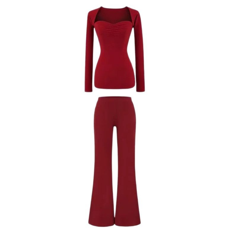 Conjunto em Malha com Top Drapeado e Calças Flare