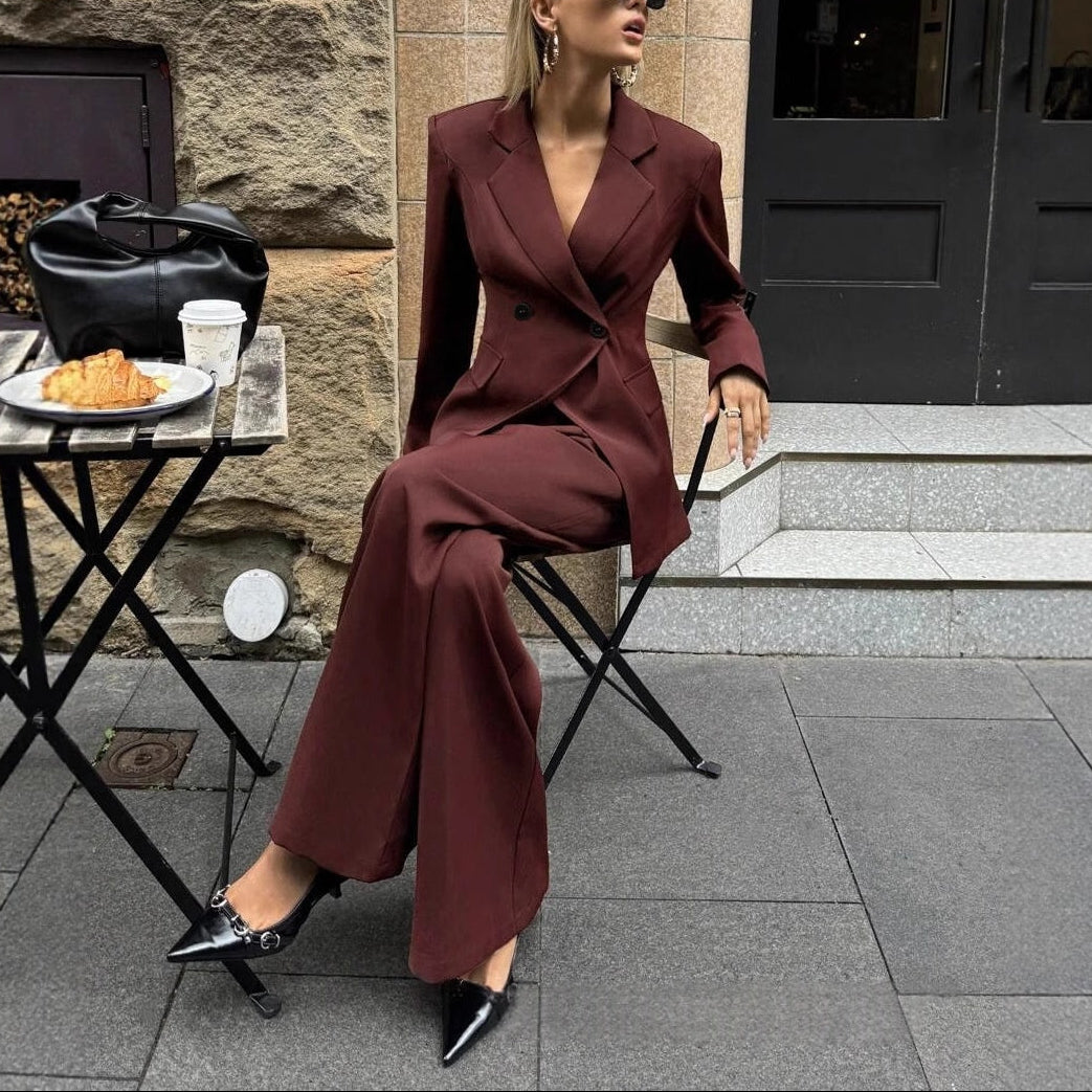 Conjunto Feminino de Duas Peças com Blazer e Calças de Perna Larga